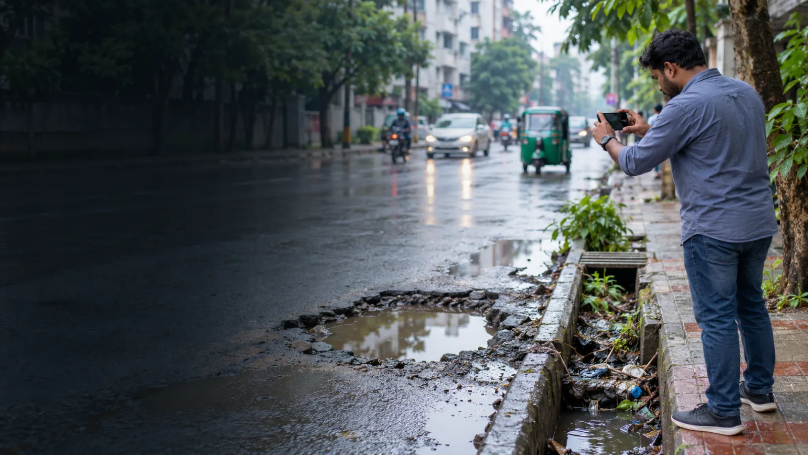 Citizen using a phone to report a neighbourhood infrastructure issue